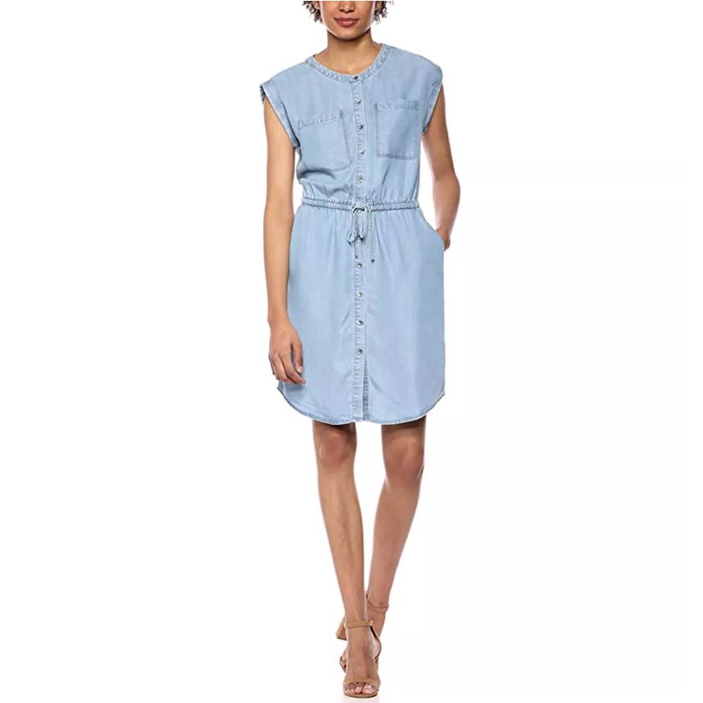 Anthropologie Daily Ritual Utility Dress 8 Medium Blouson Lyocell Blue Chambray